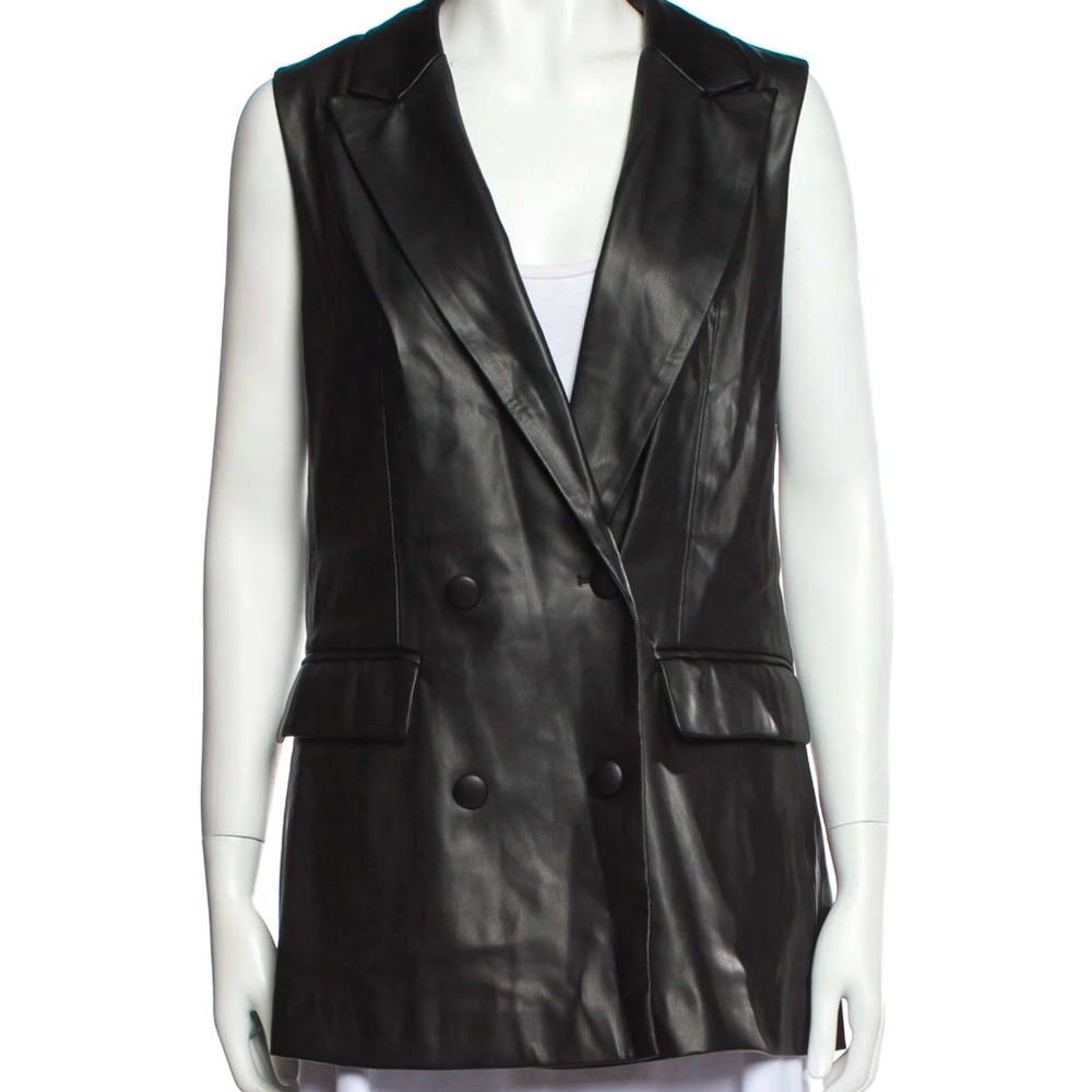 NWT JASON WU Double Breasted Lapel Faux Leather Black Sleeveless Vest sz M